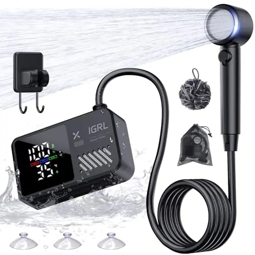IGRL Portable Shower for Camping, Powerful 10L/Min Water Flow, Rechargeable Shower Pump with Bath Sponge, 4 Spray Modes, IPX8 Waterproof, 7800mAh Battery, Ideal for Hiking, Travel, Pet, Car Wash