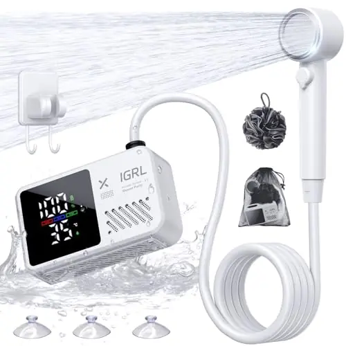 IGRL Portable Shower for Camping, Powerful 10L/Min Water Flow, Rechargeable Shower Pump with Bath Sponge, 4 Spray Modes, IPX8 Waterproof, 7800mAh Battery, Ideal for Hiking, Travel, Car Wash, Pet
