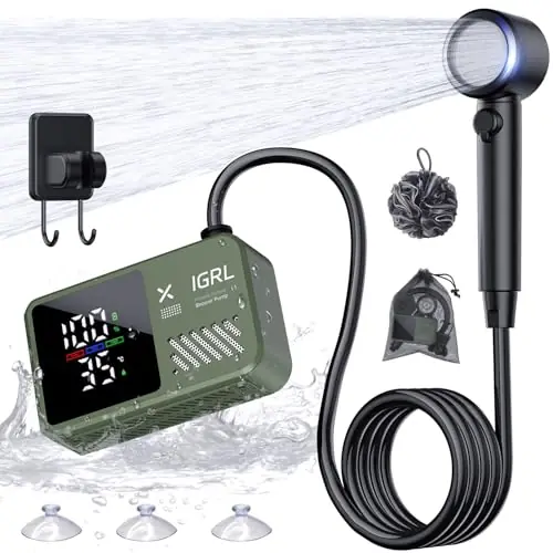 IGRL Portable Shower for Camping, Powerful 10L/Min Water Flow, Rechargeable Shower Pump with Bath Sponge, 4 Spray Modes, IPX8 Waterproof, 7800mAh Battery, Ideal for Hiking, Travel, Car Wash, Pet