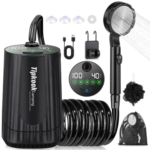 Portable Shower for Camping Essentials 10,000 mAh Rechargeable Battery Powered Shower, IPX8 Waterproof Camp Shower Pump, 5-Speed Outdoor Shower with LED Display, Camping Gifts, Dog Bath, Hiking-Black