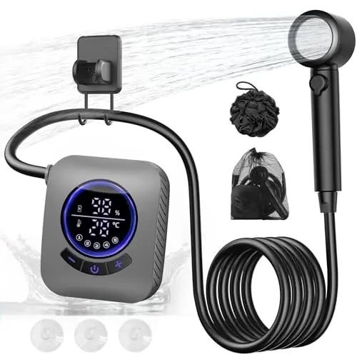 IGRL Portable Shower - 8000mAh Rechargeable Camping Shower Pump with Bath Sponge, 4 Spray Modes, IPX8 Waterproof, Ideal for Outdoor Camping, Travel, Car Washing, Pet Bathing, and Watering Plants, Grey