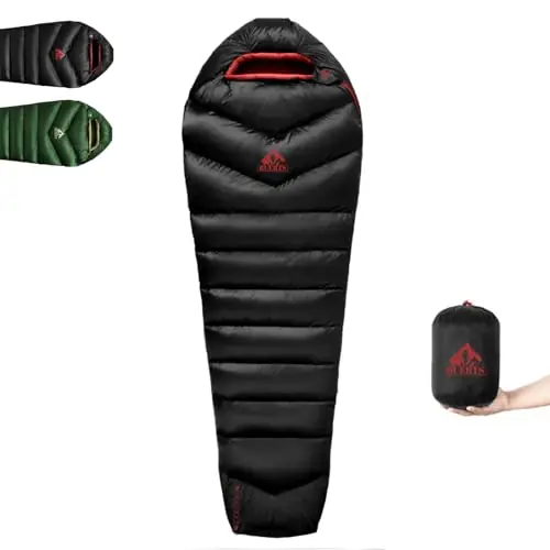 BUERTS Down Sleeping Bag for Adult Backpacking Trips, 620FP, Cold Weather Sleeping Bag, 20°F, 40°F, 60°F. Mummy-Style for Hiking, Camping, and Mountaineering.Compact. (44℉ to 60℉, Black)