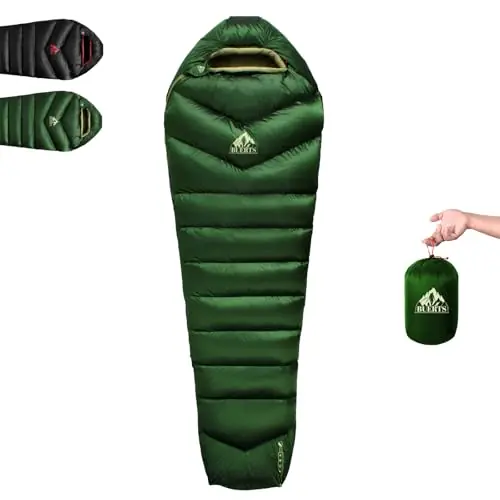 BUERTS Down Sleeping Bag for Adult Backpacking Trips, 620FP, Cold Weather Sleeping Bag, 20°F, 40°F, 60°F. Mummy-Style for Hiking, Camping, and Mountaineering. Compact .(44℉ to 60℉, Green)