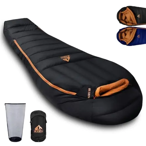 BUERTS Down Backpacking Sleeping Bag for Cold Weather 20°F to -11°F, XXL Large Ultralight Sleeping Bag Ideal for Adults Camping, Hiking and Backpacking