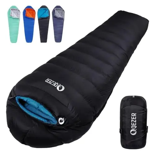 QEZER Down Mummy Sleeping Bag for Adults, 3 Season Lightweight Compact for Camping Backpacking Hiking, 45°F to 18°F Sleeping Bag with 600 Fill Power Down