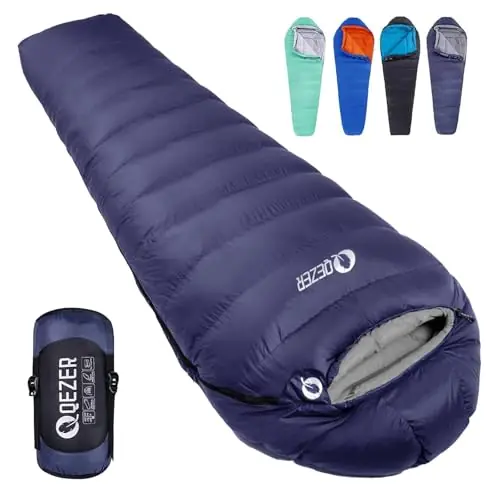 QEZER Down Mummy Sleeping Bag for Adults, 54°F to 28°F Warm Weather Lightweight Compact for Camping Backpacking Hiking, Outdoor Sleeping Bag with 600 Fill Power Down