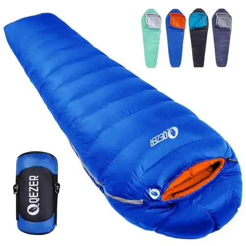 QEZER Down Mummy Sleeping Bag for Adults, 54°F to 28°F Warm Weather Lightweight Compact for Camping Backpacking Hiking, Outdoor Sleeping Bag with 600 Fill Power Down