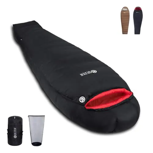 QEZER 0 Degree Sleeping Bag for Adults 650 Fill Power Down Large Lightweight Sleeping Bag for -15℉-14℉ Cold Weather