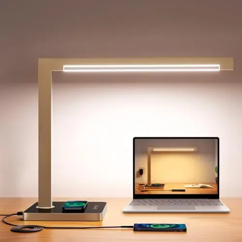 LED Desk Lamp with Charging Station, Large 15W Table Lamp with Type-C Ports & 4 Color Temperature Modes