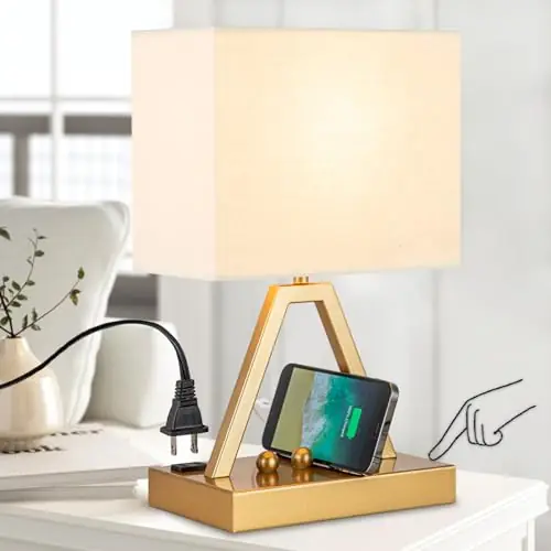 Touch Control Table Lamp, 3-Way Dimmable Desk Lamp with USB C & USB A and AC Outlet