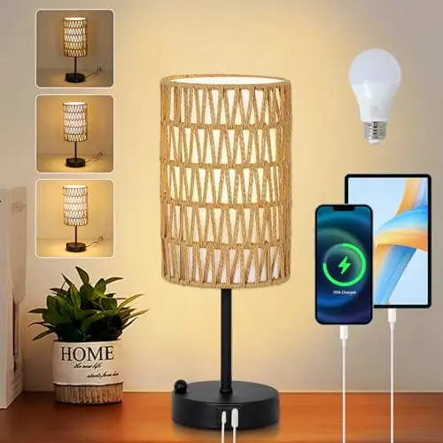 Touch Table Lamp For Bedroom with Bulb, Boho Small Desk Lamp For Living Room With Rattan & Linen Shade