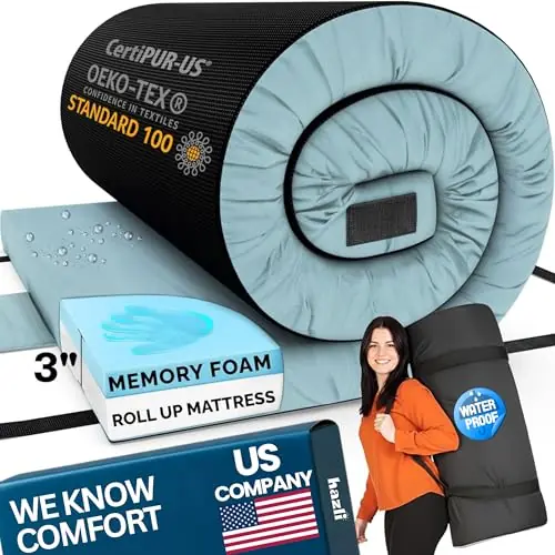 Hazli 3’’ Matrix Comfort-Cell Memory Foam Camping Mattress Pad - Roll Up Mattress for Adults - Portable Cot Sleeping Pad for Camping - Floor Mat or Bed Roll for Car, SUV - Twin 75’’ X 36’’