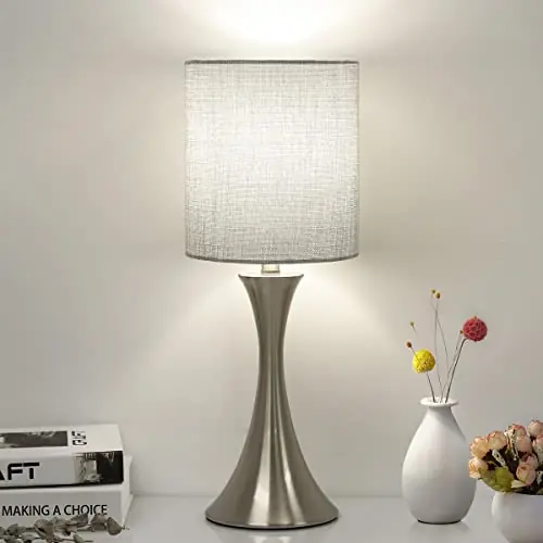 Table Lamp, Dimmable Bedside Desk Lamp with Metal Base Modern Nightstand Lamp Stylish Grey Shade Simple Side Table Lamp for Bedroom