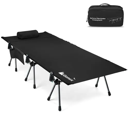 Gonex 31.5" Extra Wide Camping Cot with Leg Extenders 2 in 1 Portable Folding Cot for Adults Height Adjustable Supports 350lbs Sleeping Bed for Backpacking Travel Beach Home (Black)