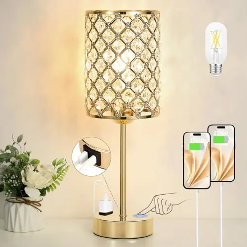 Hong-in Gold Lamps for Night Stands-Crystal Table Lamp with USB-C+A & AC Charging Ports