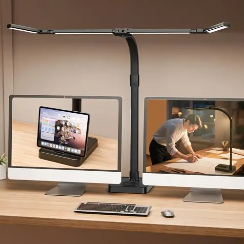 LED Desk Lamp for Home Office - 24W Bright Double Head Desk Light with Clamp
