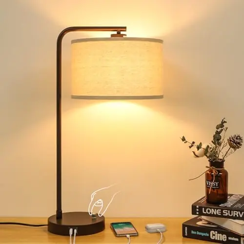 Tall Table Lamp with USB C+A Ports, Fully Stepless Dimmable Modern Minimalist Bedside Nightstand Lamp