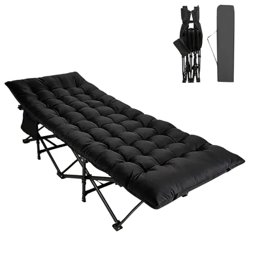 Northroad Camping Cot with Thick Mattress,Quick Set-Up Sleeping Cots with Side Pocket for Outdoor Camping, Office Nap, Home Garden, Beach, Travel, Black