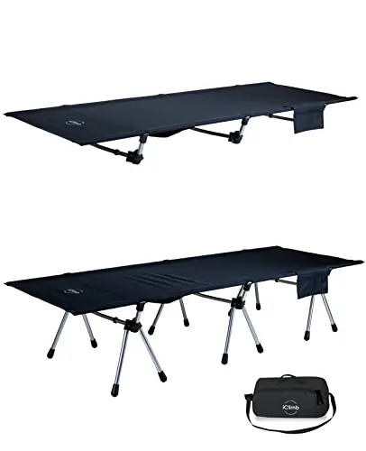 iClimb Super Easy Assemble Folding Cot Ultralight Compact Heavy Duty with Carry Bag for Adults Camping Backpacking (Black, Two Heights)
