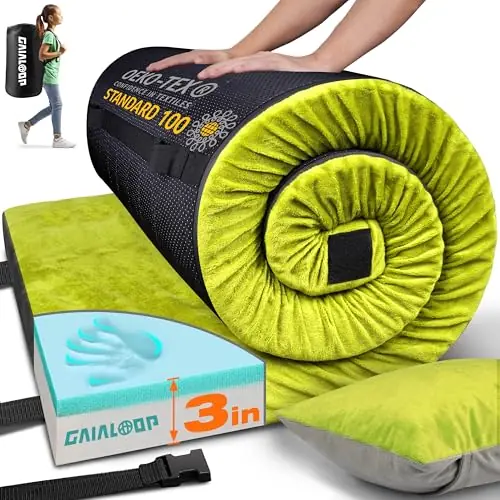 Gaialoop 3 Inch Memory Foam Camping Mattress, Dual Layer Thick Sleeping Camp Pad for Car Tent Cot, Roll-Up Portable Glamping Floor Bed for Guests Sleepover[Kid 62 * 23 * 3"]