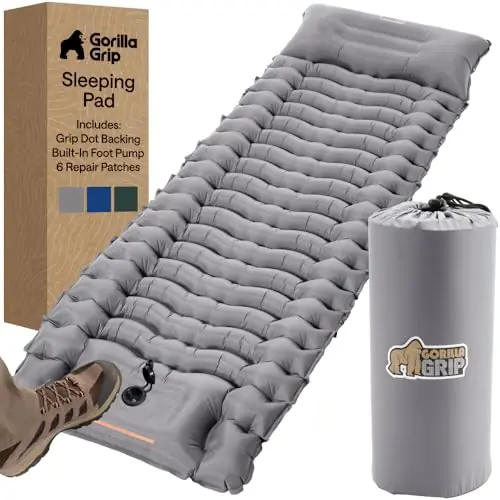 GORILLA GRIP Slip-Resistant Inflatable Sleeping Pad, Puncture Resistant Lightweight Camping Mattress, Foot Pump, Air Mats for Travel Backpacking, Inflating Bed Camp Sleep Pads for Tent, Gray