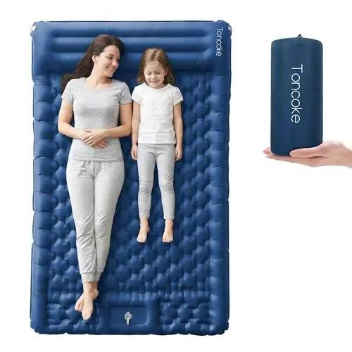 Toncoke 5.1" Thick Double Sleeping Pad with Foot Pump & Pillow, 77.5x53.9 2-Person Air Mattress for Camping, Ultralight & Compact for Backpacking, Hiking, Car Travel Navy Blue
