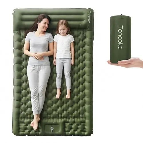 Toncoke 5.1" Thick Double Sleeping Pad with Foot Pump & Pillow, 77.5x53.9 2-Person Air Mattress for Camping, Ultralight & Compact for Backpacking, Hiking, Car Travel,Military Green