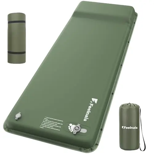 Feelnais Camping Sleeping Pad, Built-in Foot Pump Inflatable Sleeping Pads, Memory Foam Mattress with Pillow, 4 Season Camping Mattress Pad, Camping Essentials Gear for Tent, Car, Hiking - Green