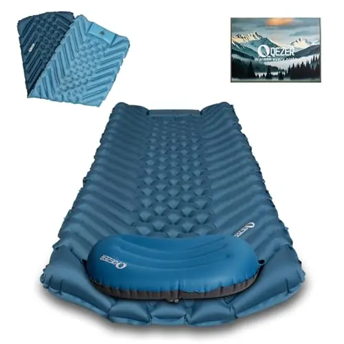 QEZER Ultralight Backpacking Sleeping Pad for Camping, with Inflatable Neck Camping Pillow, Lightweight Inflatable Sleeping Pad for Adults, Portable for Hiking, Car Travel - Durable & Comfortable