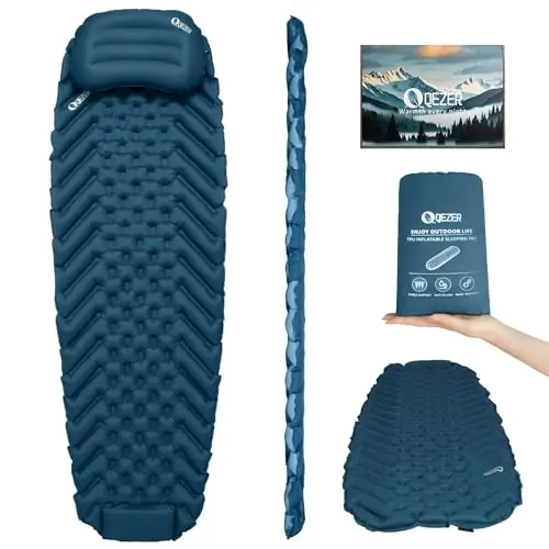 QEZER Ultralight Backpacking Sleeping Pad for Camping, with Inflatable Neck Camping Pillow, Lightweight Inflatable Sleeping Pad for Adults, Portable for Hiking, Car Travel - Durable & Comfortable