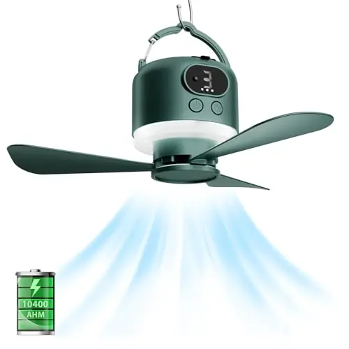geonfi Wireless Portable Ceiling Fan with Remote, 3-Blade Design, 10040mAh Battery Operated, USB Rechargeable Hanging Fan with Hook for Tent, Camping, Outdoor, Type-C Rechargeable (Green)