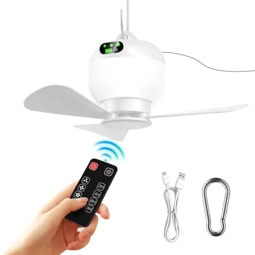 KIKVOOL Rechargeable Tent Fan, Portable Hanging Camping Fan with LED Light & Remote, 8000mAh Battery Powered, 3 Speed with Timer for Outdoor, RV, Canopy, Beach, Patio & Gazebo