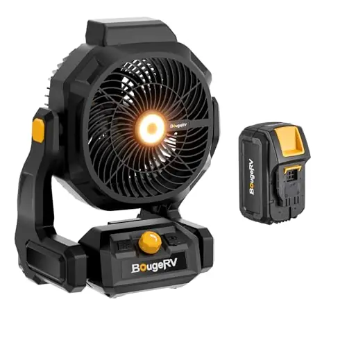 BougeRV Battery Powered Fan 755 CFM Cordless Table Fan with 8A 144Wh Removable Battery Metal Hooks AC/DC Supply USB Port LED Light 210° Tilt for Jobsite, Workshop, Camping, RV, Outdoor, Home