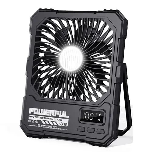 NAOIY Portable Fan, Camping Fan, 6-Inch Rechargeable Ultra Thin Foldable Desk Fan with LED Light, Built-in Power Bank, Remote Control, Hook for Outdoor Camping Tent Travel Emergency (20000mAh, Black)