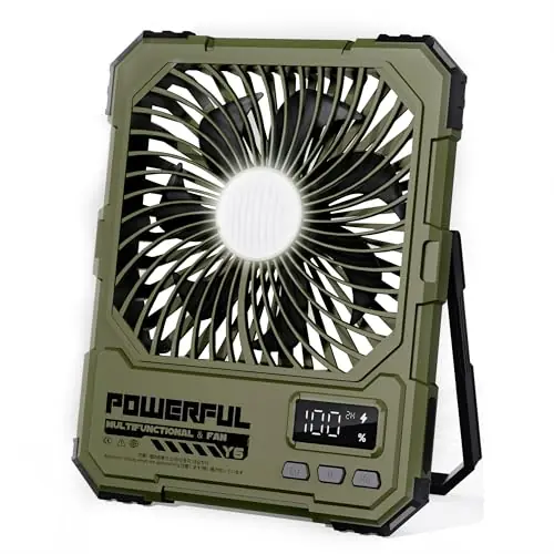 NAOIY Portable Fan, Camping Fan, 6-Inch Rechargeable Ultra Thin Foldable Desk Fan with LED Light, Built-in Power Bank, Remote Control, Hook for Outdoor Camping Tent Travel Emergency (20000mAh, Green)