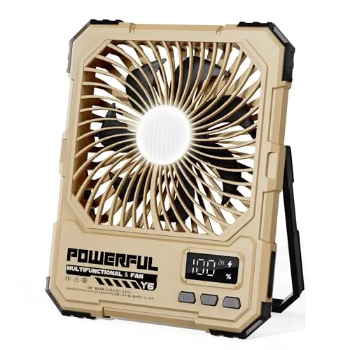 NAOIY Portable Fan, Camping Fan, 6-Inch Rechargeable Ultra Thin Foldable Desk Fan with LED Light, Built-in Power Bank, Remote Control, Hook for Outdoor Camping Tent Travel Emergency (20000mAh, Khaki)