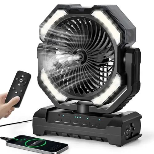 covozon 20000mAh Portable Misting Fan, USB Rechargeable Camping Fan with LED Light, Battery Operated for Outdoor, Tents, Beach, Travel - 250mL Water Tank & Hook Included, Black.