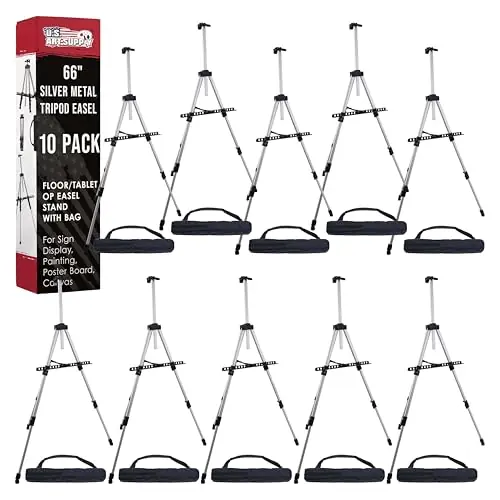 U.S. Art Supply 66" Silver Metal Tripod Easel Display (10 Pack) - Adjustable 18"- 5.5‘, Holds 36" Canvas - Floor