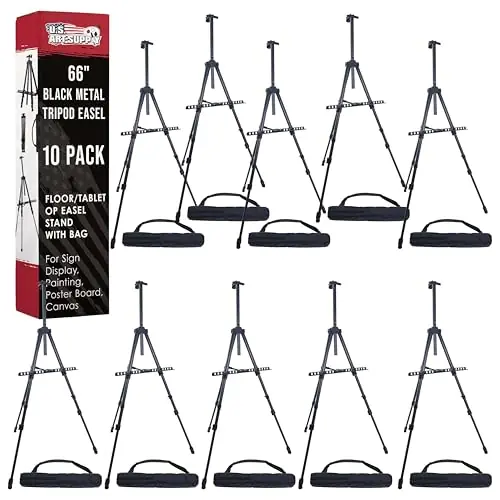 Black Metal Tripod Easel Display (10 Pack) - Adjustable 20"- 5.5‘, Holds 32" Canvas - Floor/Tabletop Easel Stand