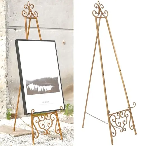 Metal Scroll Extra Large Free Standing Adjustable Display Stand Easel with Chain Support, Heavy Duty Easel for Sign, Wedding