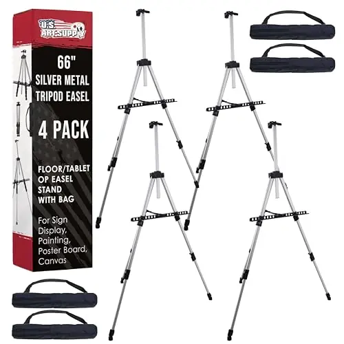 Art Supply 66" Silver Metal Tripod Easel Display (4 Pack) - Adjustable 18"- 5.5‘, Holds 36" Canvas - Floor/Tabletop Easel Stand