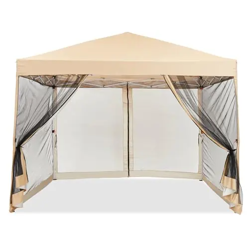10x10ft Pop-Up Canopy, Outdoor Screen Tent with Mesh Mosquito Netting Sidewalls, Waterproof & UV-Block Shade Shelter for Camping, Picnic, Deck & Backyard Events