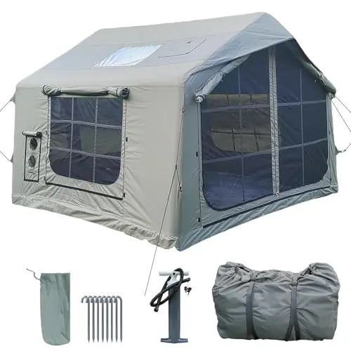 8㎡ Luxury Inflatable Camping Tent for 3–8 People, Aurora Green Thickened Material, 4-Season Family Inflatable House with Chimney Port and Transparent Skylight
