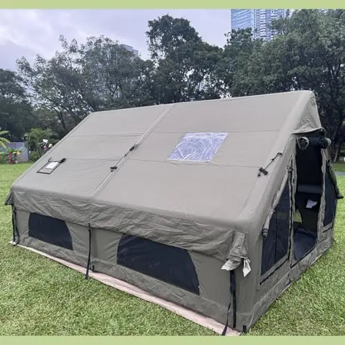 Large Luxury Inflatable Camping Tent, Technology Cotton Canvas Tent for 4-6-8-10-12 People Breathable and Waterproof Tent with Skylight and Stove Jack, Suitable for Family Camping of 12 ㎡
