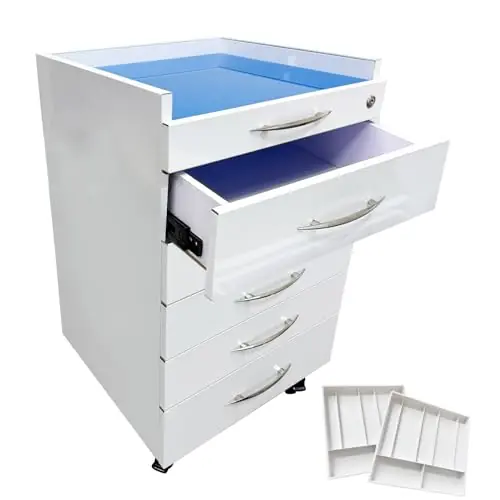 Dental Assistant‘s Mobile Cart 5 Drawers Mobile File Cabinet with 2 Storage Trays Dental Clinic Stainless