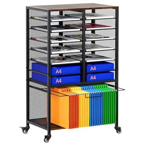 EasyPAG Rolling File Cart with 14 Slot Mail Organizer, Under Desk Storage with Hanging File Rack