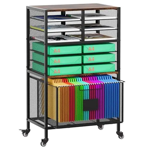 EasyPAG Rolling Cart with Storage Drawer, Under Desk Filling Cabinet with Mail Sorter, Pull Out Hanging File Rack for Letter Size Folders, Mobile Utility Craft Cart for Home Office, Black