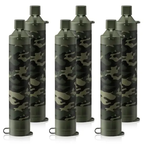 Membrane Solutions Personal Water Filter, Survival Filtration Straw Portable Gear, Emergency Preparedness, Supply for Drinking Hiking Camping Travel Hunting Fishing Team Family Outing (Camo, 6 Pack)