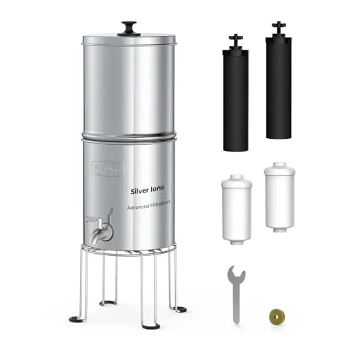 Waterdrop Upgrade Gravity-fed Water Filter System, with Silver Ions Enhanced Filtration, Reduces Fluoride and up to 99% of Chlorine, with 4 Filters and Metal Spigot, 2.25G