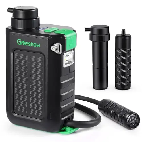 Greeshow Electric Portable Water Filter with Reusable 0.01 Micron Filter for Camping, Hiking, Survival with 3000mAh Portable Power Bank, Suport USB/Solar/Hand Crank Charing (Set of 2 Filters)